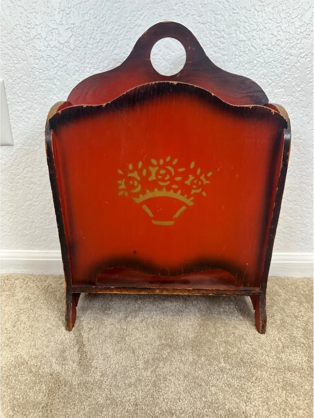 VTG Rustic Wooden Hand-Painted Magazine Rack Red & Black Cottagecore Farmhouse